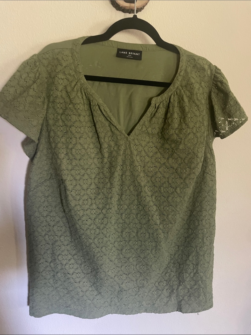 Lane Bryant Olive Lace Notch-Neck Short Sleeve Top